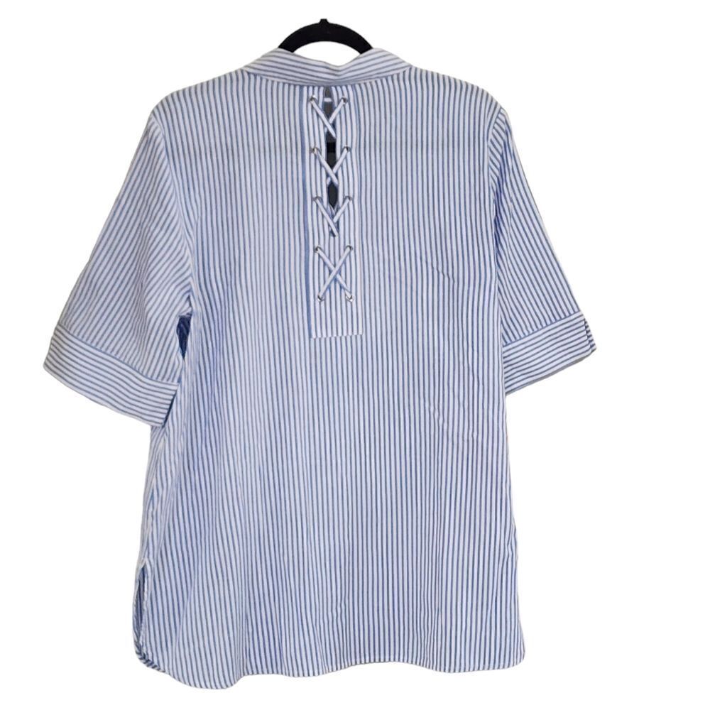 Chico's Top blue & white striped short sleeve button up  Sz 14 Coastal - Picture 2 of 4